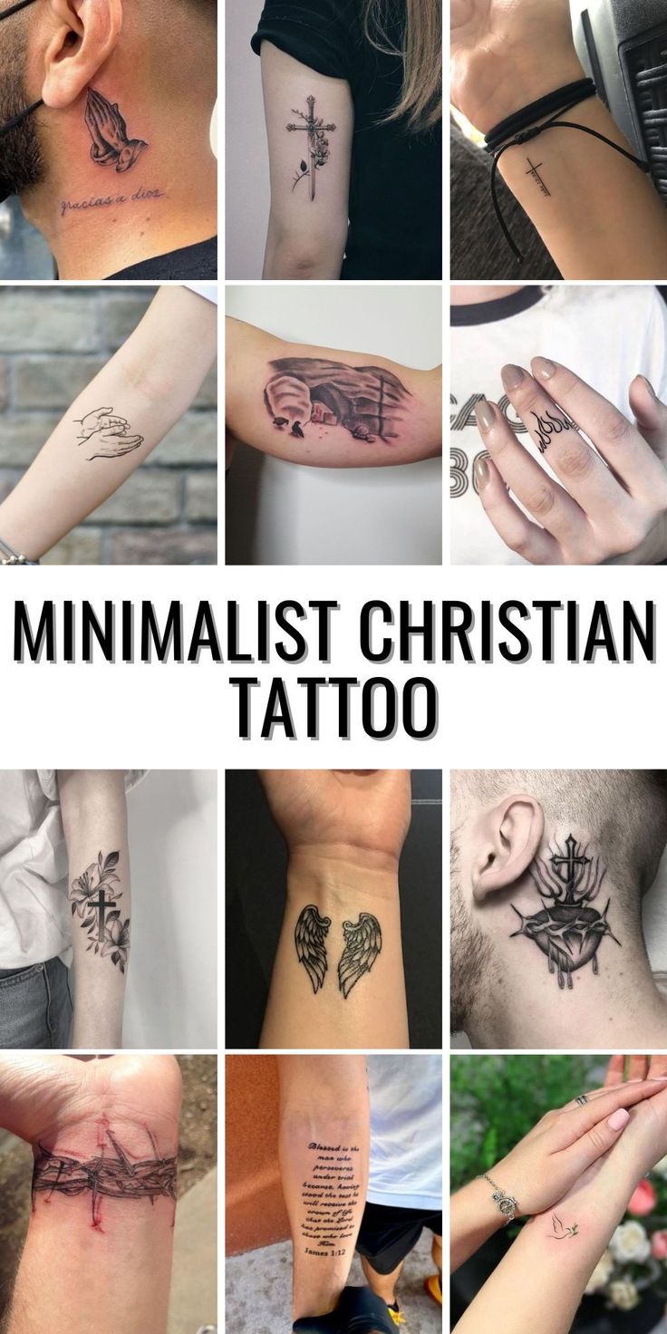 Minimalist Christian tattoo design for women and men featuring crosses, wings, doves, and crowns on the neck, arm, finger, and wrist tattoo ideas