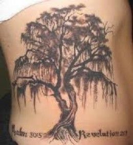 Realistic tree with psalm and revelation tattoo design for women on rib tattoo ideas