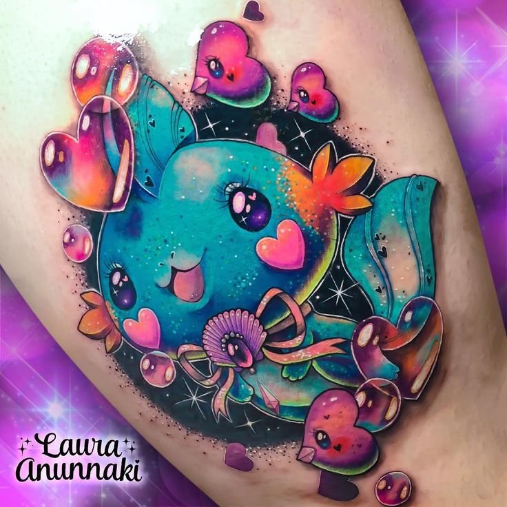 Cute New School heart and flower tattoo design for women on thigh tattoo ideas