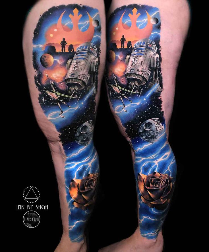 Realistic rose and Star Wars tattoo design for men and women on leg tattoo ideas