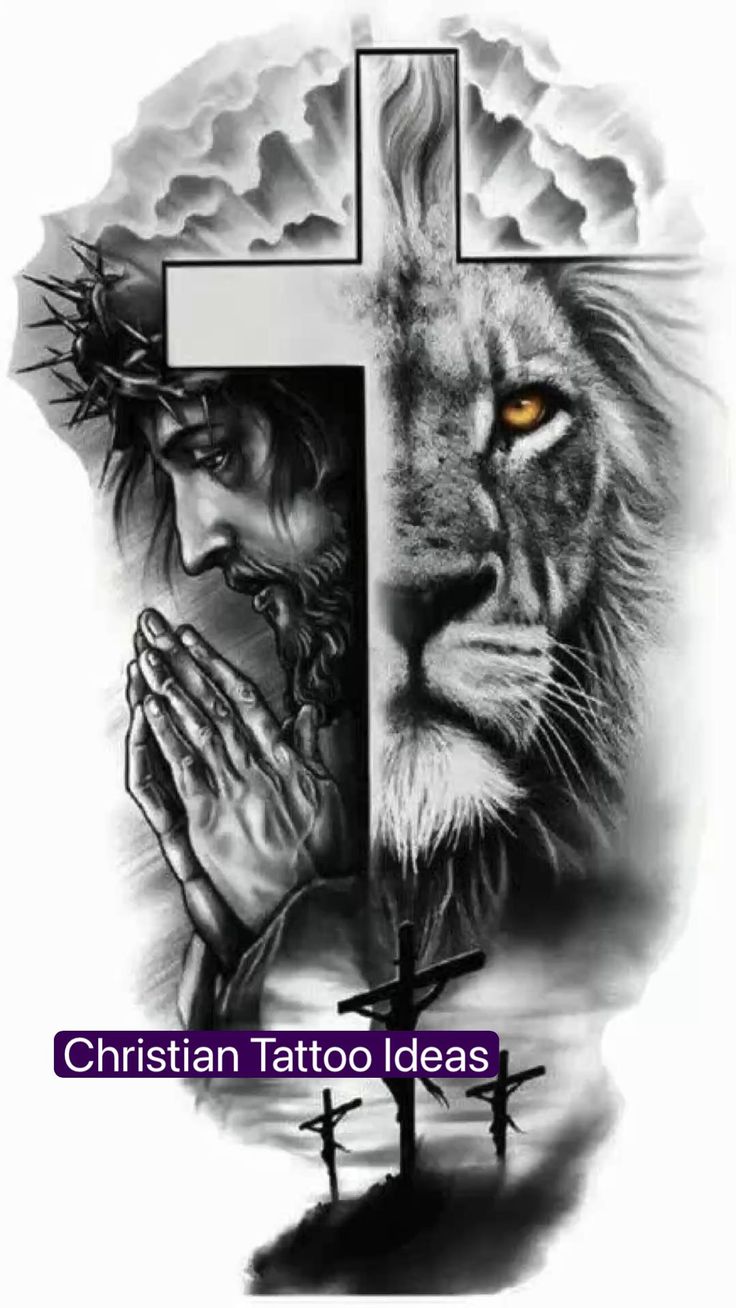 Realistic Christian lion tattoo design with crosses for women and men on back tattoo ideas