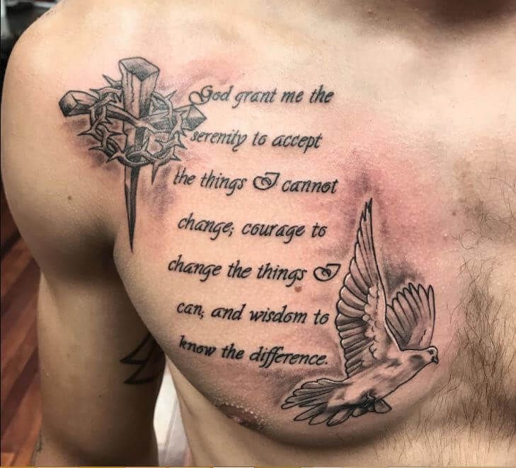 A realism tattoo design of a dove and a cross with a quote, suitable for men on the chest tattoo ideas