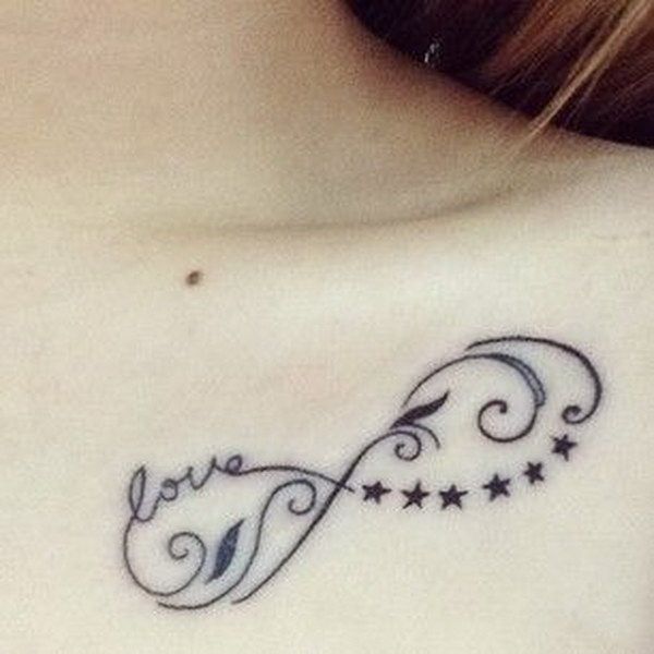 Fine line infinity, star, and word tattoo design for women on chest tattoo ideas