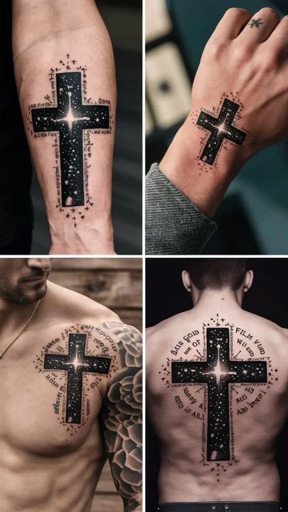 Blackwork cross tattoo design for men on arm, chest, and back tattoo ideas