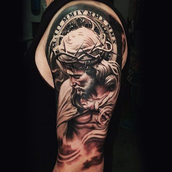 Realistic Jesus and cross tattoo design for men on upper arm tattoo ideas