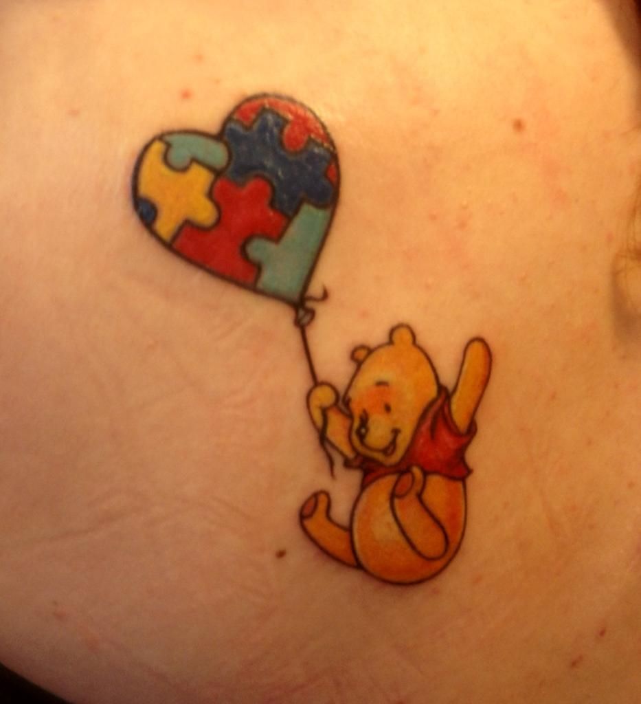 New School autism heart and Winnie the Pooh tattoo design for women on back tattoo ideas