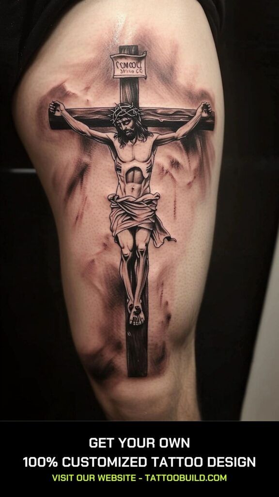 Realistic Jesus and cross tattoo design on thigh for men tattoo ideas