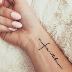 Fine line faith and cross tattoo design for women on wrist tattoo ideas