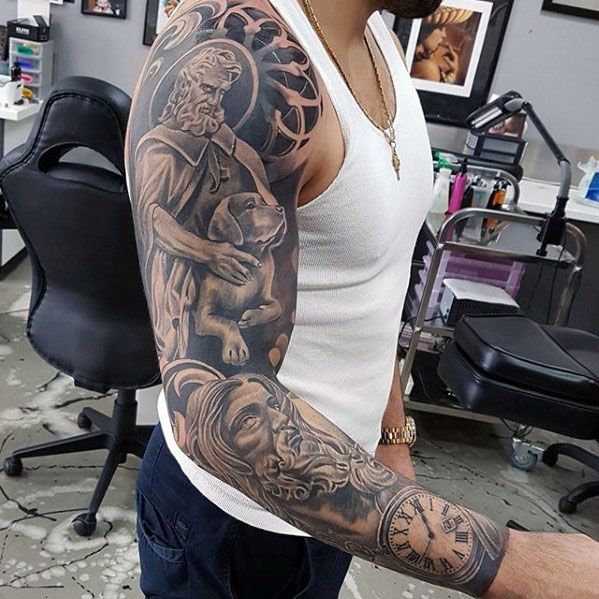 Realistic dog and clock tattoo design for men on full sleeve tattoo ideas