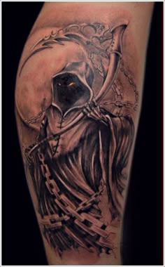 Grim reaper tattoo design for men in realism style on leg tattoo ideas