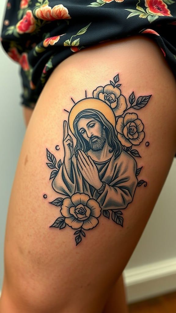 Religious realism Jesus and floral tattoo design for women on thigh tattoo ideas