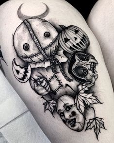Realistic Halloween and skull tattoo design for women on thigh tattoo ideas