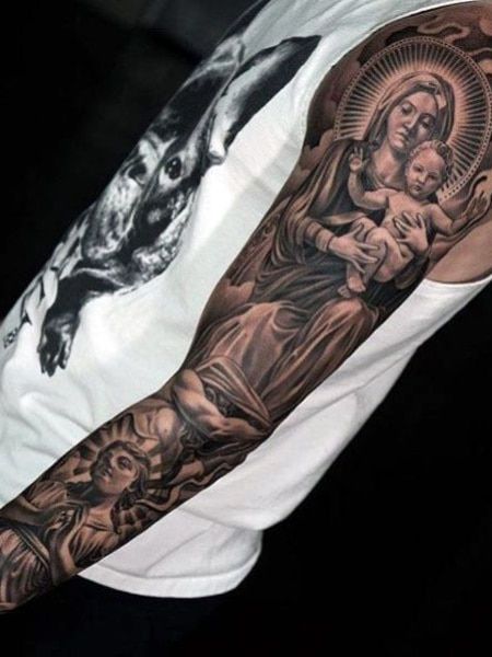 Realistic angel and religious tattoo design for men on full sleeve tattoo ideas