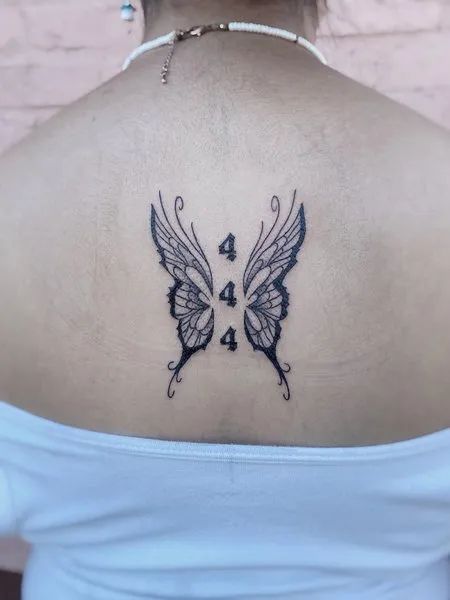 Fine line butterfly and 444 tattoo design for women on back tattoo ideas