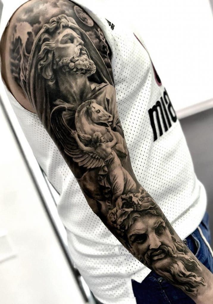 Realistic Greek mythological angel and horse tattoo design for men on full sleeve tattoo ideas