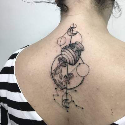 Fine Line Aquarius tattoo design for women on back tattoo ideas