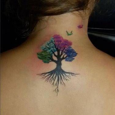 Watercolor tree and bird tattoo design for women on neck tattoo ideas