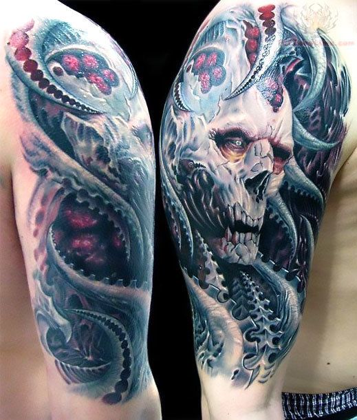 Realistic skull and ocean tattoo design for men on arm and full sleeve tattoo ideas