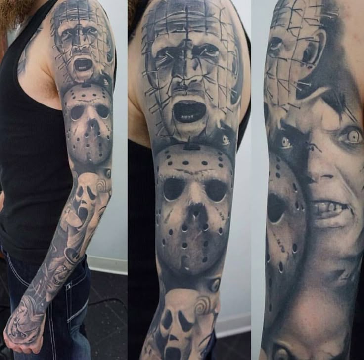 Realism horror and skull tattoo design for men on full sleeve arm tattoo ideas