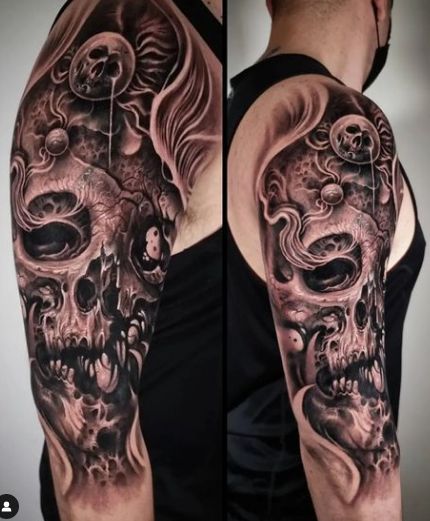 Realistic skull tattoo design for men on arm, full sleeve tattoo ideas