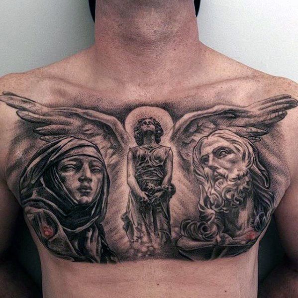 Realistic angel and Jesus tattoo design for men on chest tattoo ideas