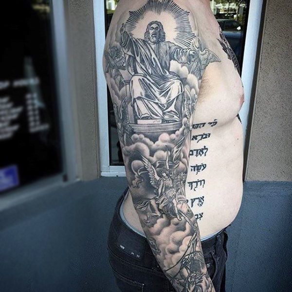Realism Jesus and angel religious tattoo design for men on full sleeve tattoo ideas