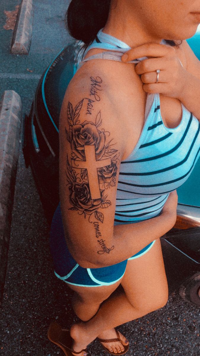 Fine Line cross and rose tattoo design for women on arm tattoo ideas