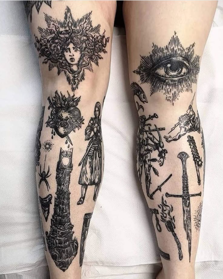 Medusa, eye, and sword tattoo design for men and women across legs and thighs tattoo ideas