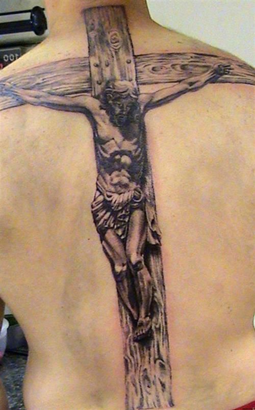 Realistic Jesus and cross tattoo design for men on back tattoo ideas