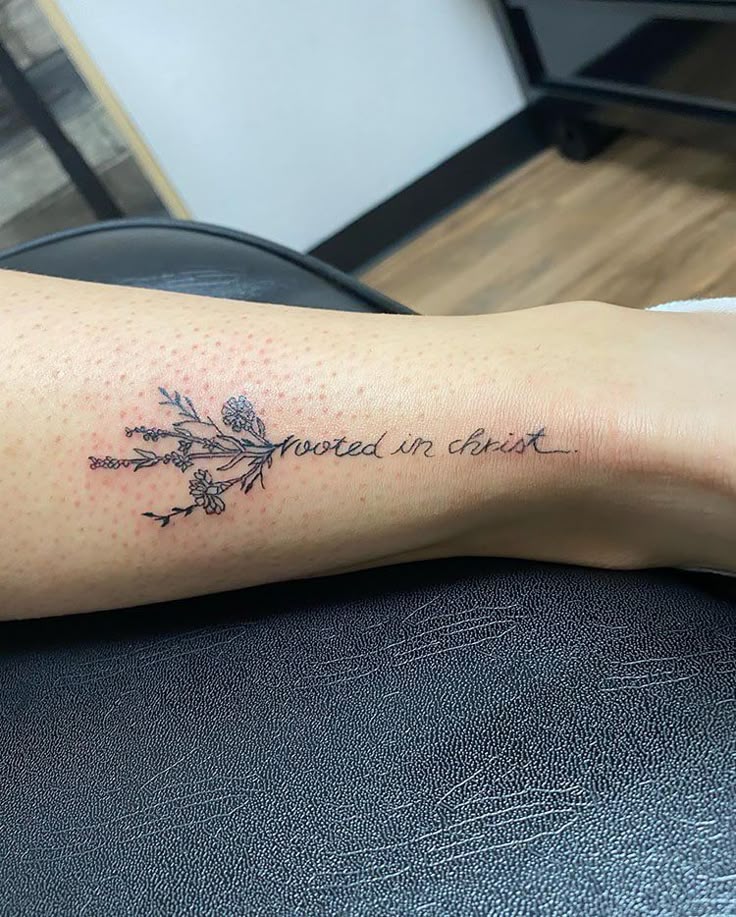Fine Line floral and quote tattoo design for women on arm tattoo ideas