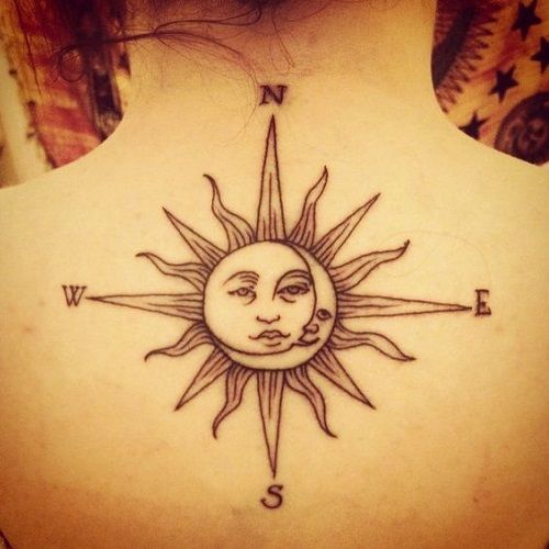 Traditional sun and moon compass tattoo design for women on back tattoo ideas