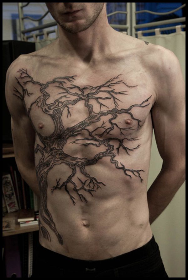 Blackwork tree tattoo design for men on chest tattoo ideas