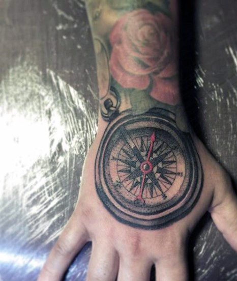 Realistic rose and compass tattoo design for men on hand and forearm tattoo ideas
