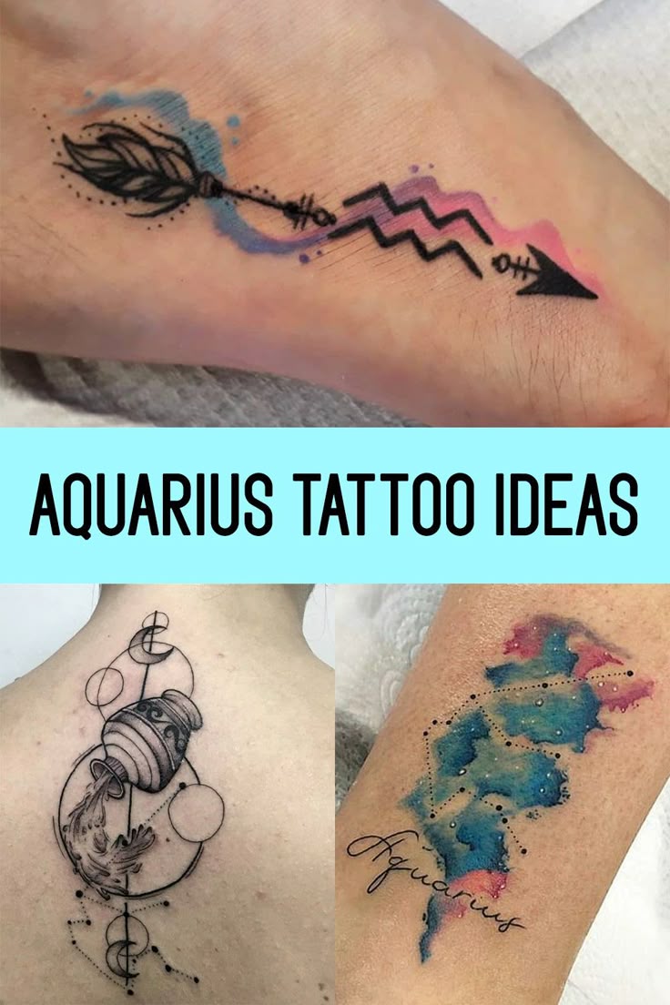 Watercolor Aquarius and moon feather tattoo design for women on arm and back tattoo ideas