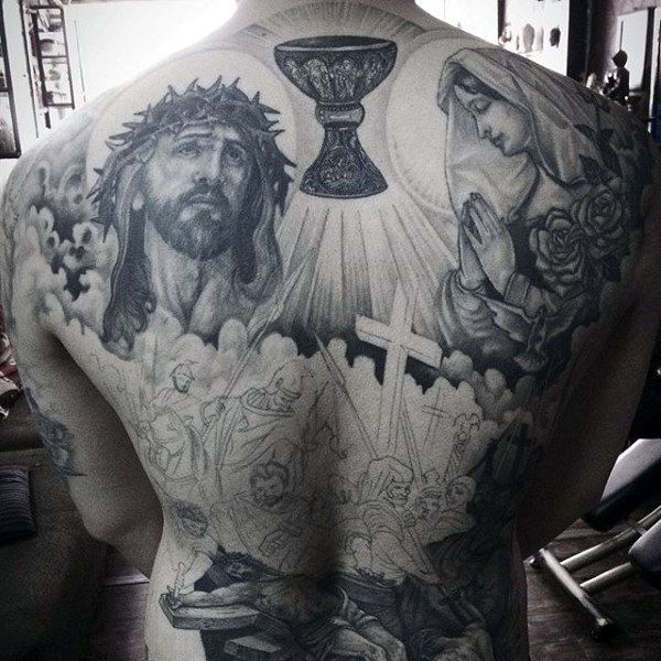 Realistic Jesus, rose, and cross tattoo design for men on back tattoo ideas