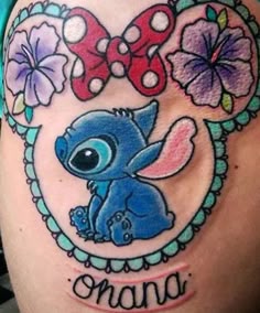 New School Stitch tattoo design with flowers and "Ohana" for women on the thigh tattoo ideas