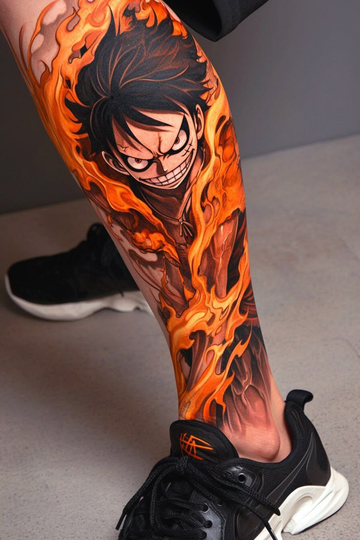 Realistic One Piece tattoo design for men on leg and ankle tattoo ideas