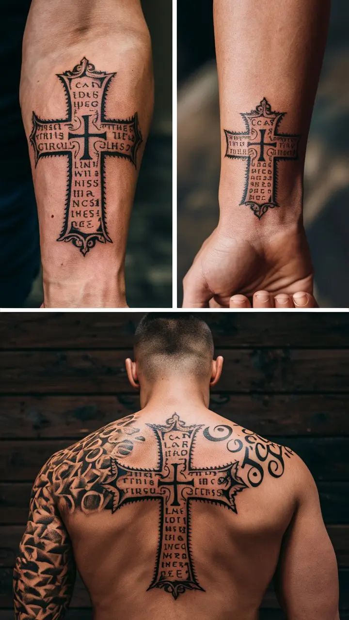 Traditional cross and word tattoo design for men on forearm and back tattoo ideas