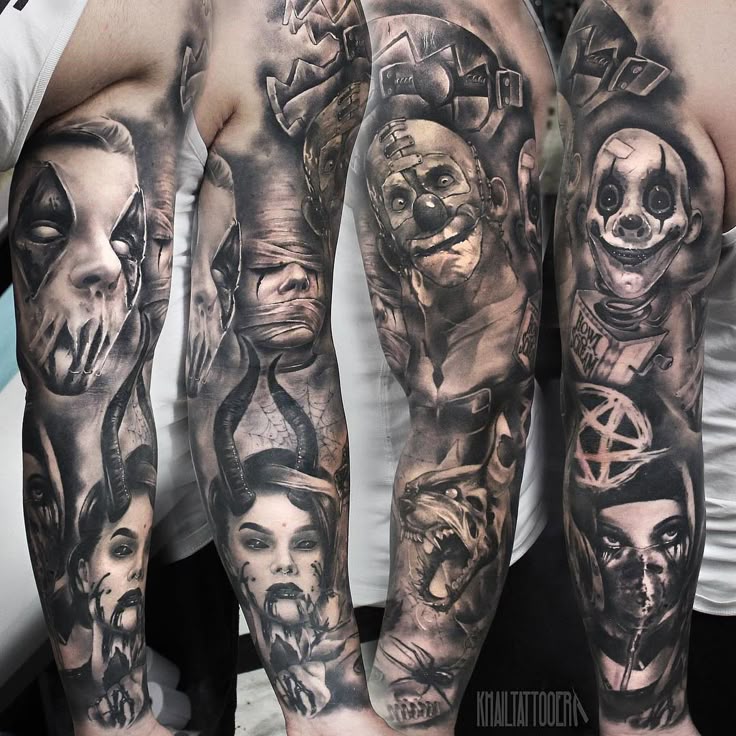 Realistic wolf and skull tattoo design for men and women on arm, full sleeve with pentagram tattoo ideas