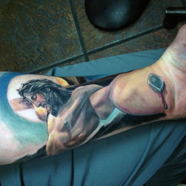 Realistic Jesus tattoo design for men on forearm tattoo ideas
