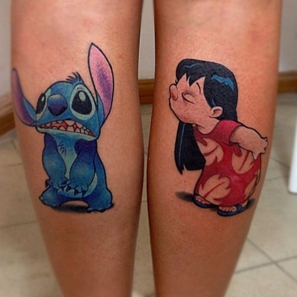 Anime Stitch and Alice and wonderland tattoo design for women on leg tattoo ideas