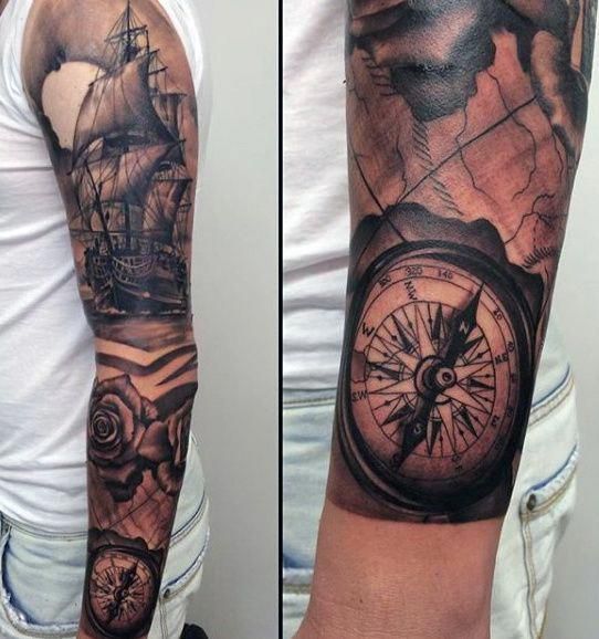 Realistic compass, rose and ship tattoo design for men on full sleeve tattoo ideas