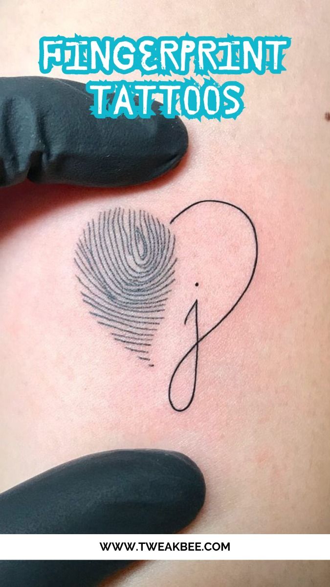 Fine line fingerprint and heart tattoo design with initial for women on chest tattoo ideas