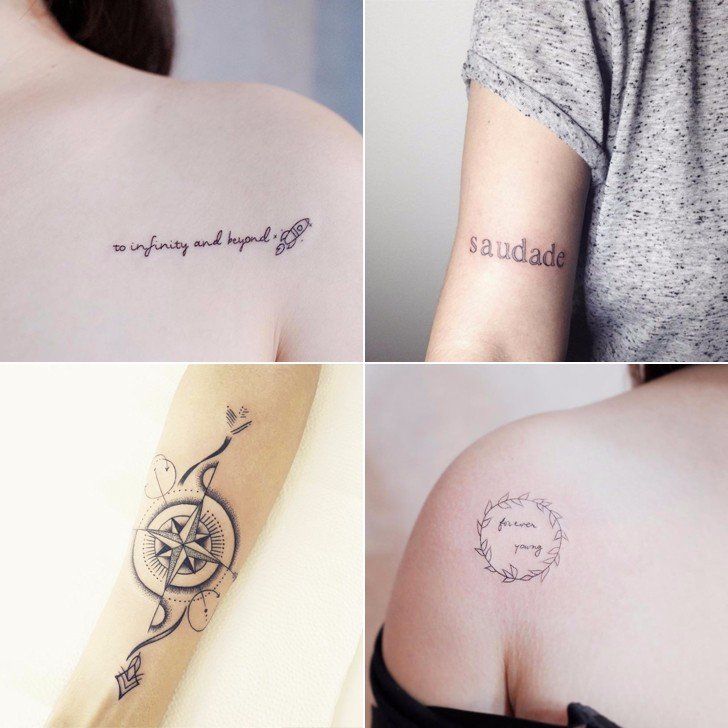 Fine line rocket and quotes tattoo design for women on shoulder, Minimalist compass tattoo design for women on forearm tattoo ideas