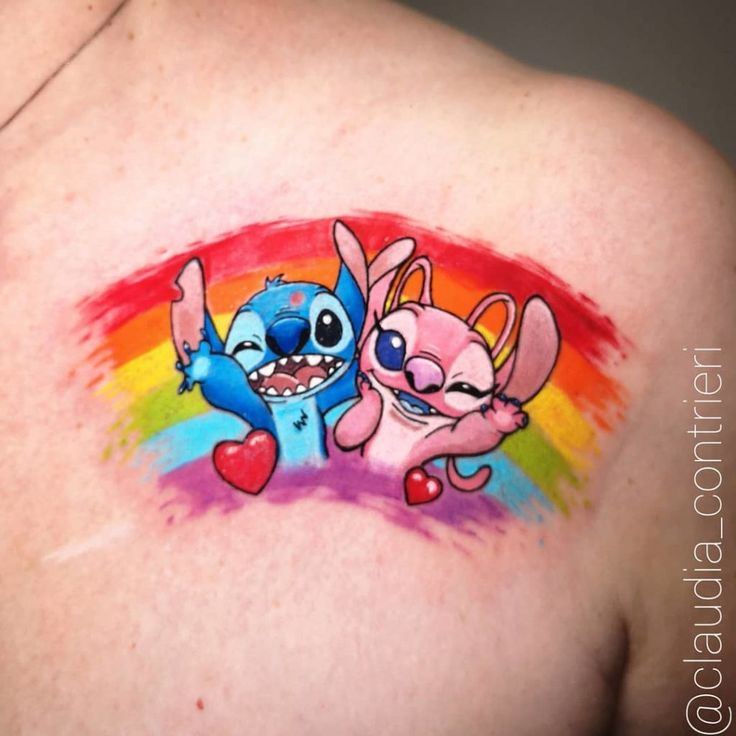 Anime Stitch and heart tattoo design for women on chest with rainbow tattoo ideas