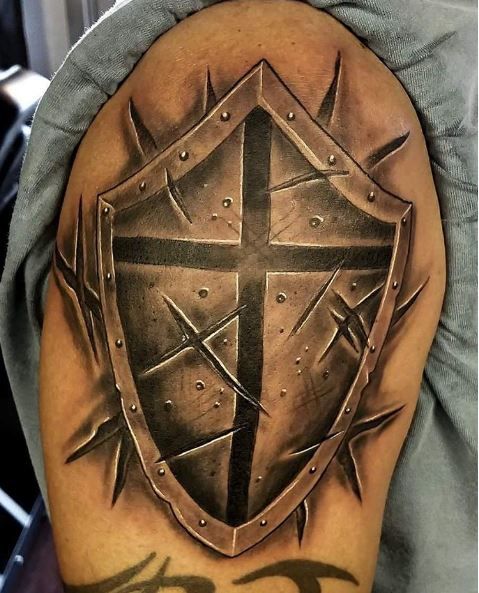Realistic cross shield tattoo design for men on arm tattoo ideas