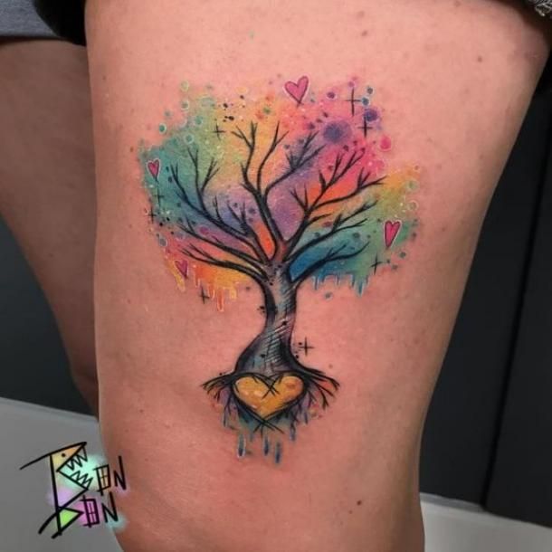 Watercolor tree and heart tattoo design for ladies on thigh tattoo ideas