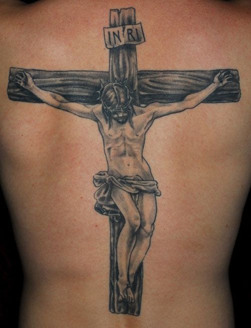 Realistic Jesus cross tattoo design for men on back tattoo ideas