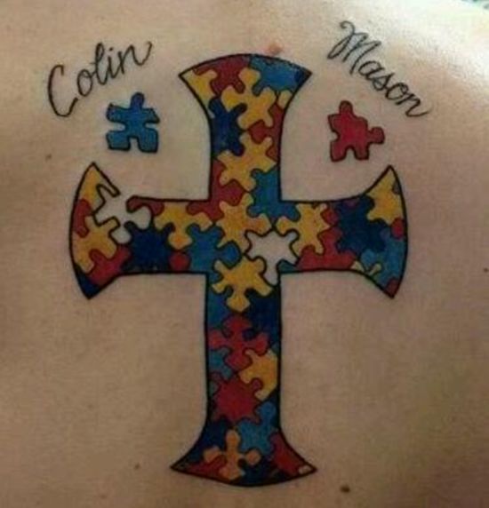 Traditional autism cross tattoo design for women on back tattoo ideas