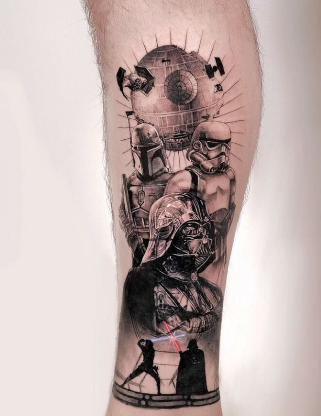 Realistic Star Wars tattoo design for men on leg tattoo ideas